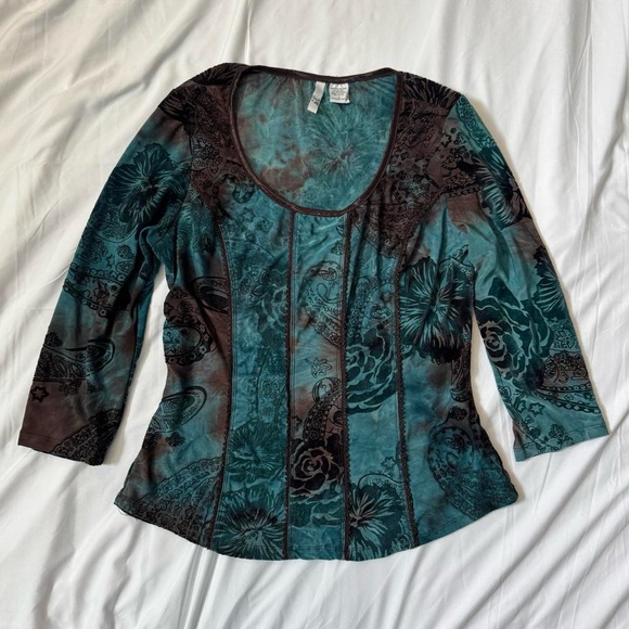 Vintage Y2K Brown and Teal Blue Floral Top, Fairy Boho Grunge - Picture 1 of 7